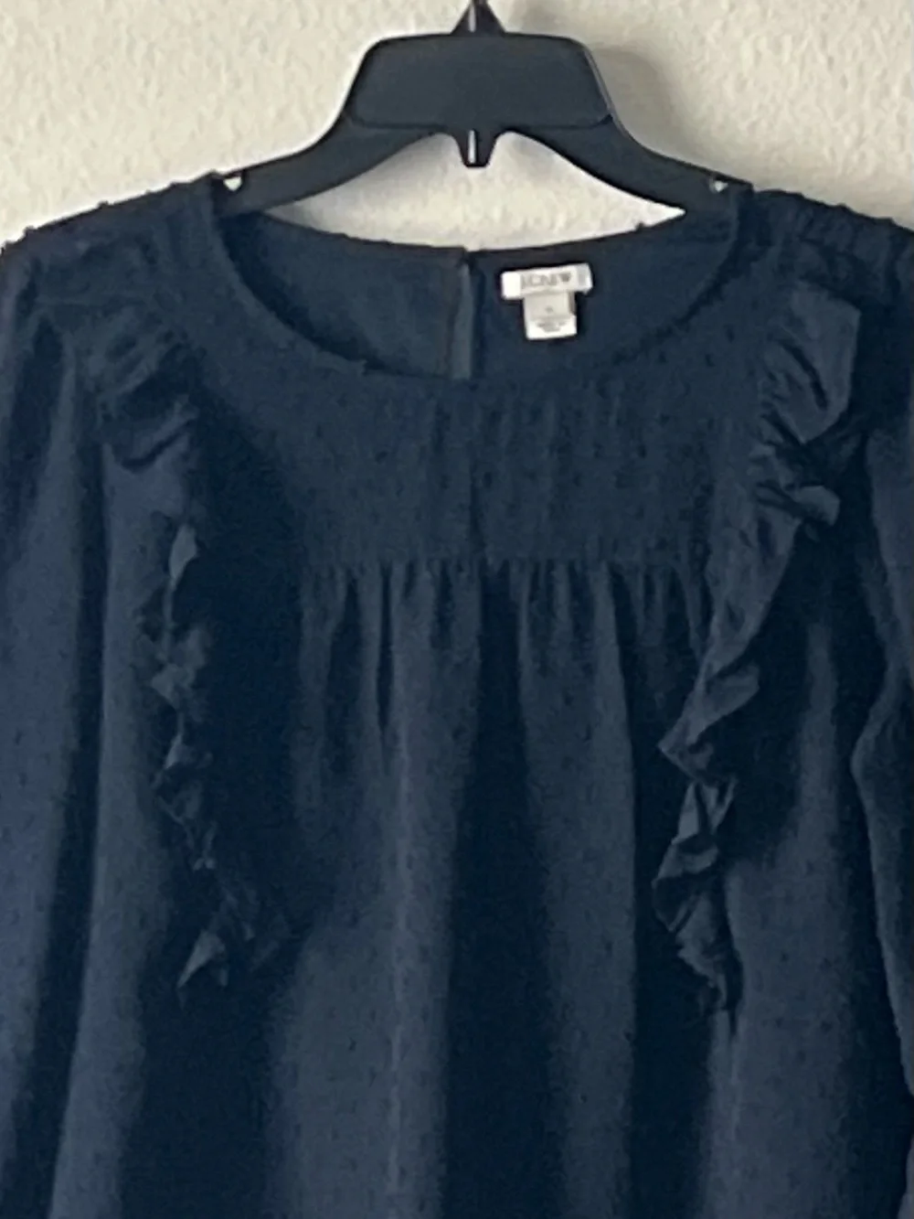 J. Crew Navy Swiss Dot Ruffle‎ Long-Sleeve Blouse, Size 8